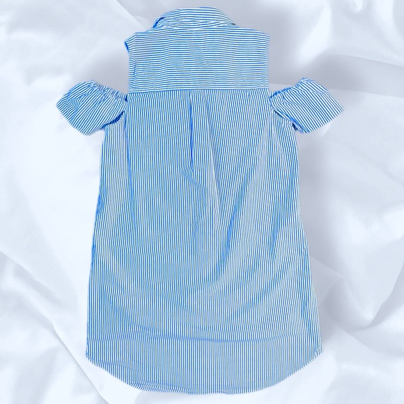 Michael Kors Blue and White Striped off Shoulder Gold Button Up Dress sz 12 - Picture 2 of 5